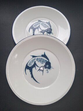 VTG Plates 10” White Blue Koi Fish Enamelware Granitware Butterfly Brand China